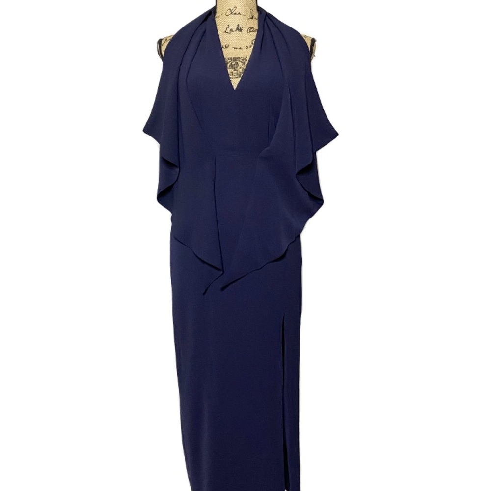 Misha Collection Navy Blue Lorena Ruffle Gown
